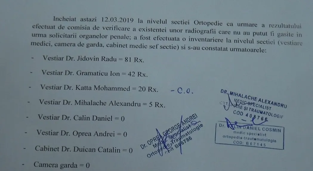 Cine sunt ortopezii anchetați de Spitalul Slatina. Câte radiografii au fost găsite în dulapul fiecăruia
