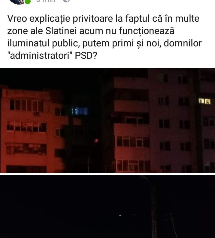 Consilier local din Slatina, supărat că s-au stins luminile de "Ora Pământului". De ce şi-a şters, ulterior, postarea de pe Facebook