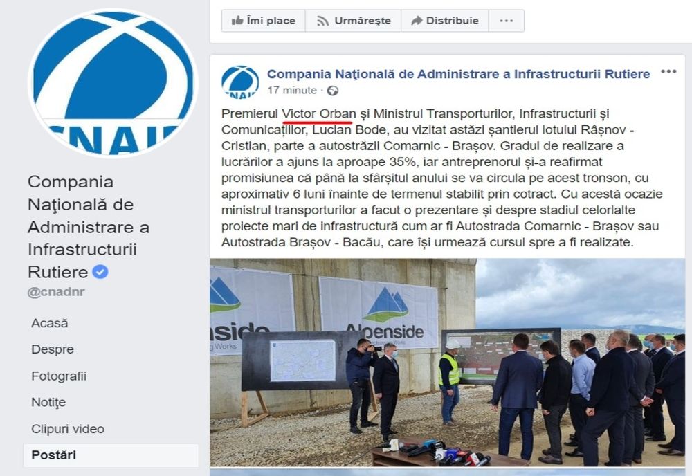Administratorii paginii de Facebook a CNAIR l-au etichetat pe premierul Ungariei în loc de cel al României, într-o postare
