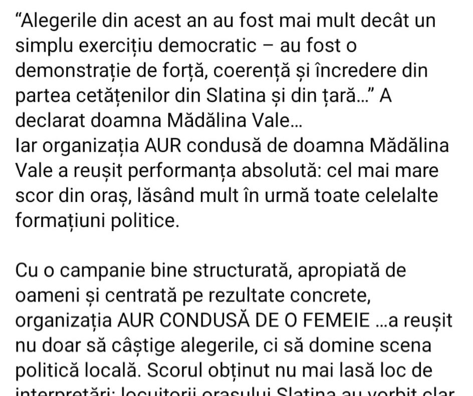 AUR SLATINA ACUZĂ CENZURA DUPĂ ȘTERGEREA UNEI POSTĂRI VIRALE: „UN ATAC LA LIBERTATEA DE EXPRIMARE”
