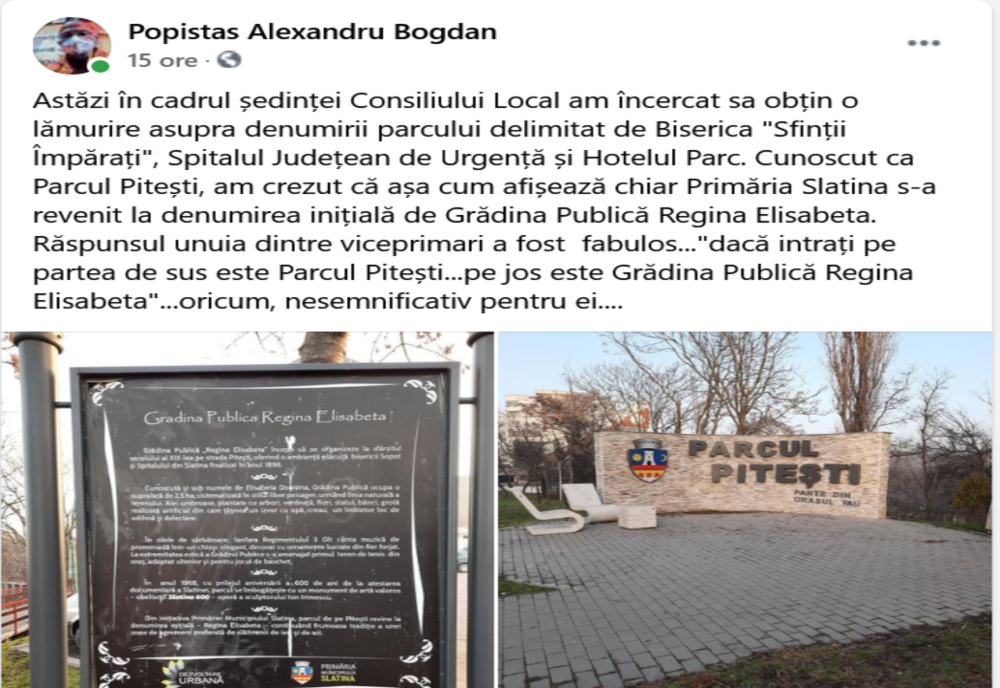Consilier PNL Slatina, nemulţumit că nu mai ştie cum se numeşte unul dintre parcurile municipiului