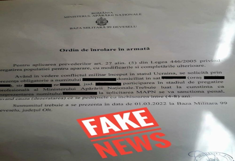 False ordine de încorporare circulă pe internet, cu antetul Bazei NATO Deveselu