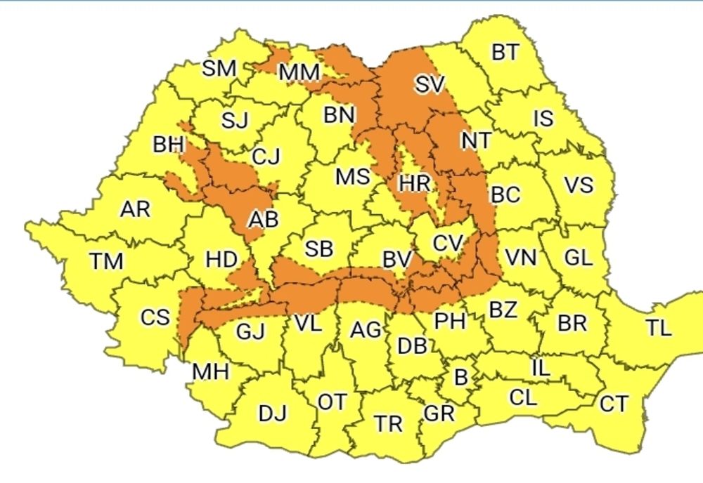 Noi alerte meteo emise astăzi de ANM. COD PORTOCALIU în zona montană! COD GALBEN în restul țării