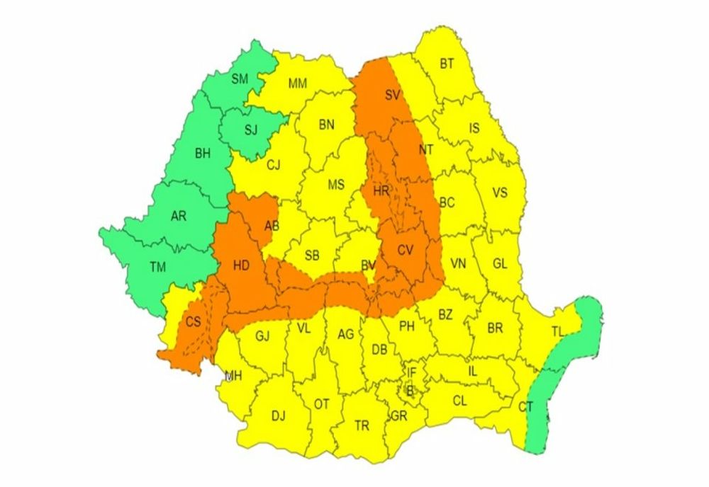 COD PORTOCALIU ȘI COD GALBEN DE PLOI ÎN APROAPE TOATĂ ȚARA