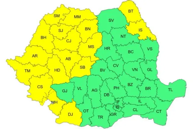 ANM: 17 județe sub Cod galben de temperaturi deosebit de ridicate pe parcursul zilei de luni